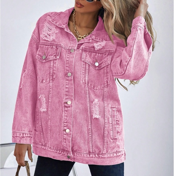 Distressed Button Down Loose Fit Denim Jeans Jackets - Picture 4 of 9